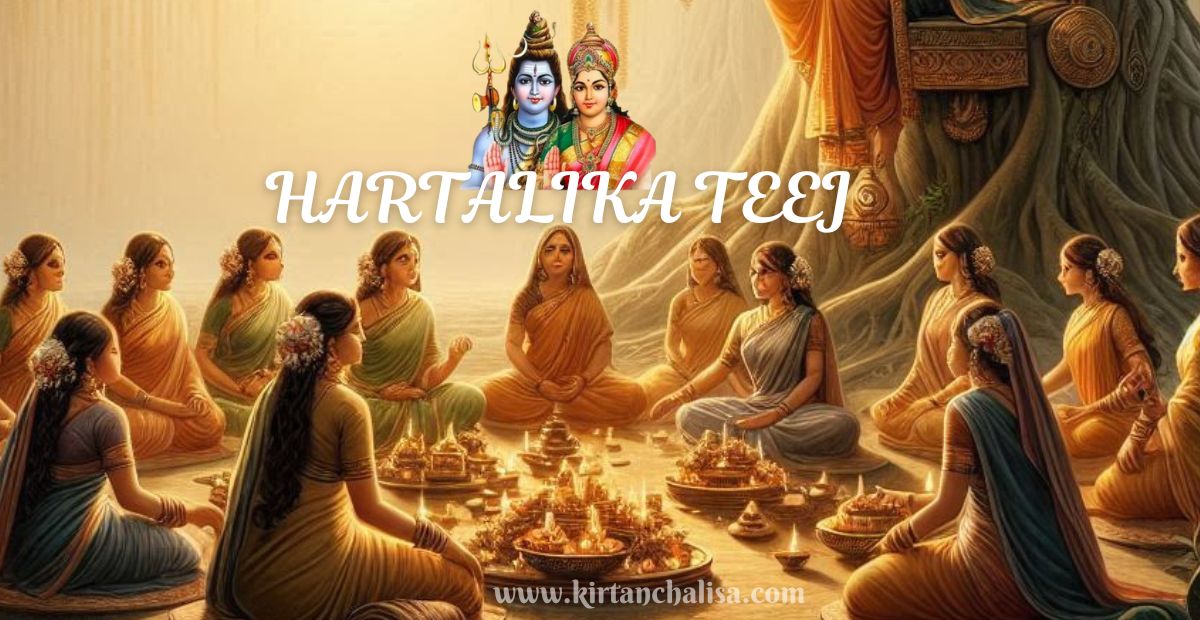 Women observing Hartalika Teej rituals with Lord Shiva and Goddess Parvati depiction in background, traditional Indian festival celebration.