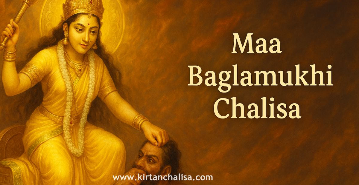 Maa Baglamukhi Chalisa with the goddess in golden attire holding demon’s tongue, powerful Hindu Devi depiction