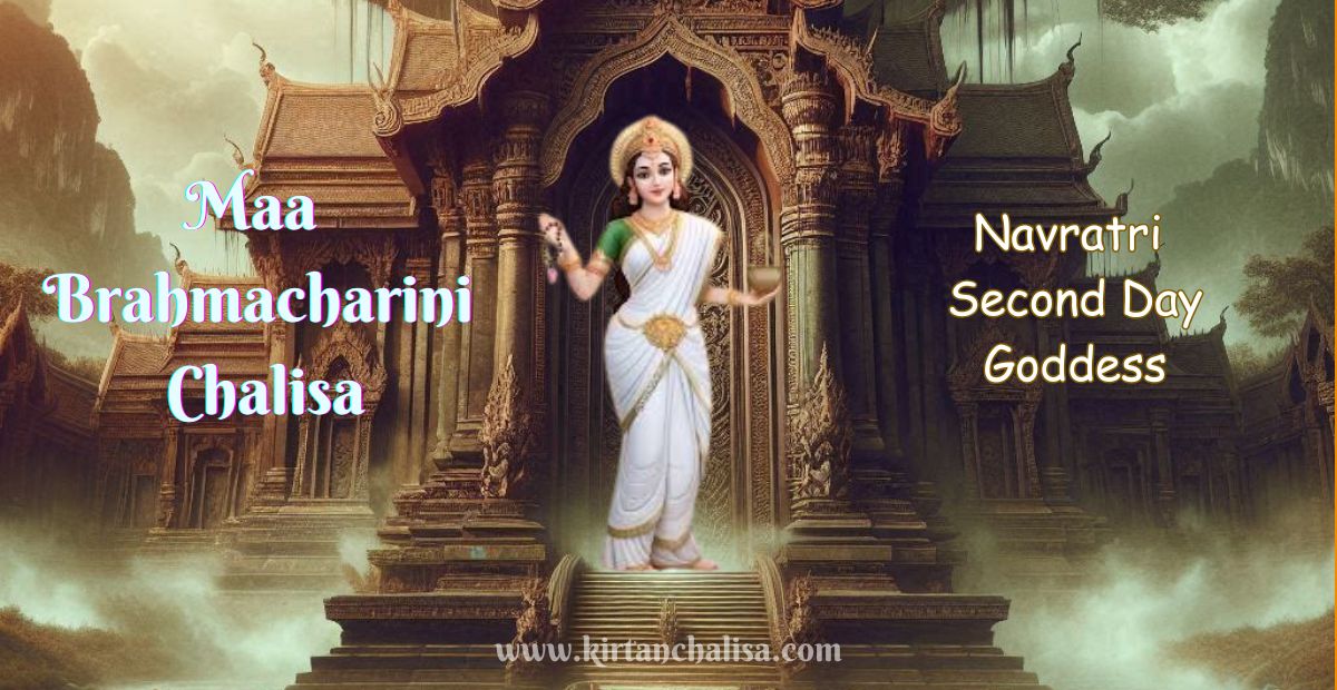 Sacred image of Maa Brahmacharini, the second day Navratri goddess, holding a rosary and kamandalu, standing in front of a divine temple.